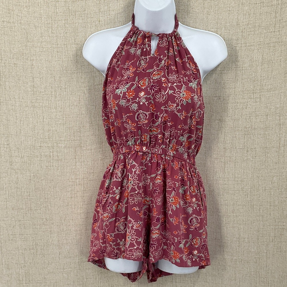 Angie Floral Romper Women Medium Maroon Halter Boho Festival Keyhole Pocket
